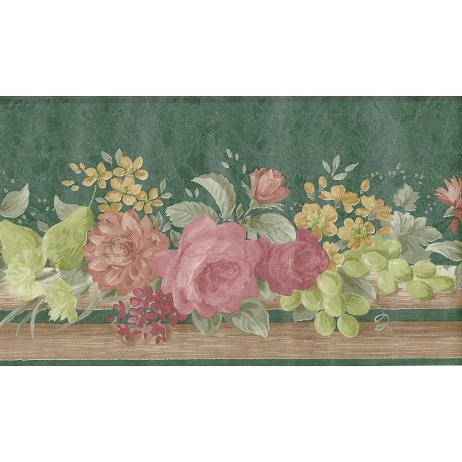 Palace Gardens Flowers and Fruit Green 10 Metre Border by Fine Decor B5252