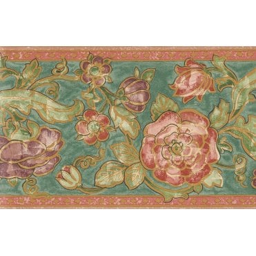 Palace Gardens Rosette Green / Orange 10 Metre Vinyl Border By Fine Decor B5247