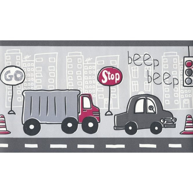 SAMPLE - Beep Beep Car Red / Grey Border by Fine Decor FDB50127