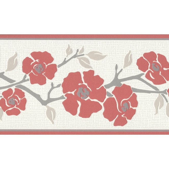 SAMPLE - Only Borders Floral Branch Red / Grey Self Adhesive Border by AS Creation 3843-24