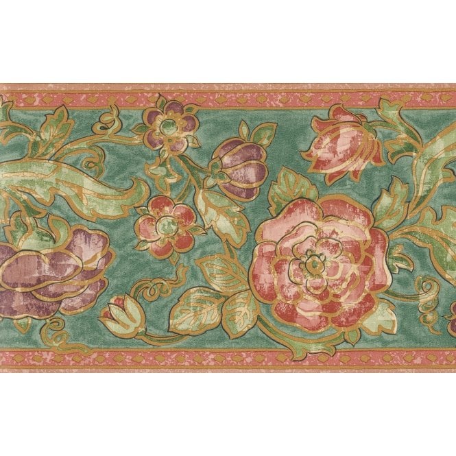 SAMPLE - Palace Gardens Rosette Green / Orange 10 Metre Vinyl Border by Fine Decor B5247