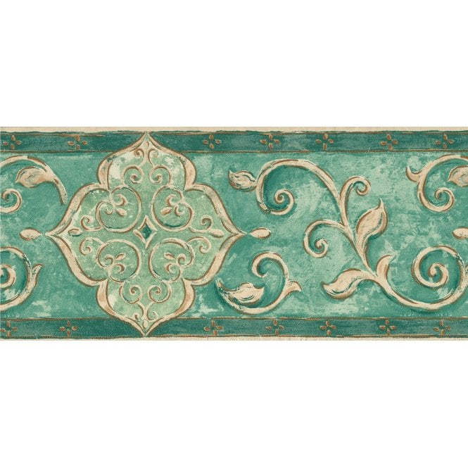 SAMPLE - Palazzo Arabesque Scrolls Green / Cream Border by Coloroll 355786