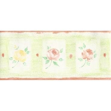 SAMPLE - Roses Green / Peach Cushioned Vinyl Border by Fine Decor B2726